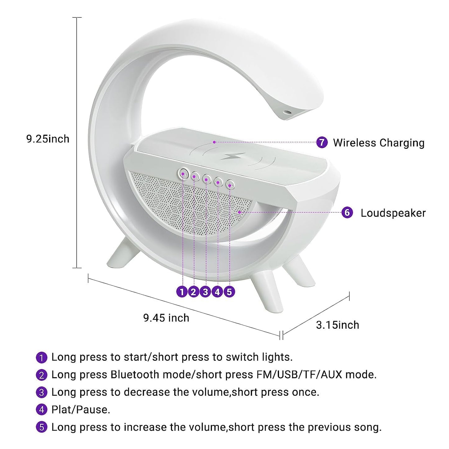 Fredysu G Shape Rechargeable Multifunctional Bluetooth Speaker With 15W Wireless Charger Cum Color Changing Desk Lamp Bedside Table Lamp Fm Radio With Aux & Wireless Charger-Plastic, Led