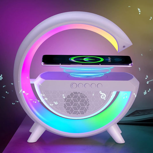 Fredysu G Shape Rechargeable Multifunctional Bluetooth Speaker With 15W Wireless Charger Cum Color Changing Desk Lamp Bedside Table Lamp Fm Radio With Aux & Wireless Charger-Plastic, Led