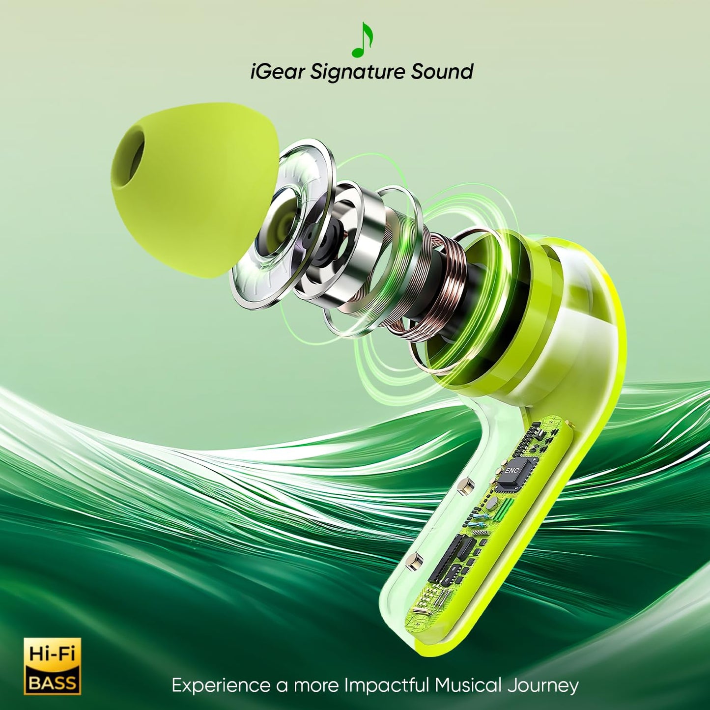 iGear Crystal Wireless Earbuds, Transparent Charging Case and LED Digital Display, Bluetooth Earphones with ENC Noise Cancelling, Touch Control, Google Assistant and Siri Support (Neon Green)